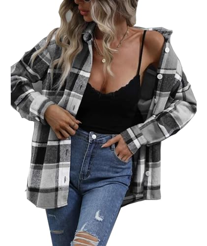 wihnsinop Hemd Damen Bluse Flanell Kariertes Oktoberfest Oberteile Lose Dickes Langarmshirt Lockere Passform Blusen Tops Lässiges mit Tasche Langarm Casual Schwarz Grau L von wihnsinop