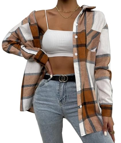 wihnsinop Hemd Damen Bluse Oktoberfest Langarm Casual Flanell Kariertes Oberteile Lose Dickes Langarmshirt Lockere Passform Blusen Tops Lässiges mit Tasche Bräunlich Gelb L von wihnsinop