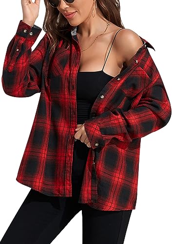 wihnsinop Hemd Damen Kariertes Bluse Flanell Hemden Oktoberfest Karo Langarmshirt Lässiges Hemdbluse Baumwolle Dickes Oberteile mit Tasche Rot Schwarz Karo L von wihnsinop