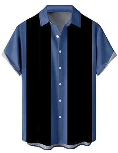 wihnsinop Herren Gestreifte Kurzarmshirts Vintage Farbblock Casual Sommer Hemd Strand Button Down Tops Regular Fit, 06 Blueblack, L von wihnsinop