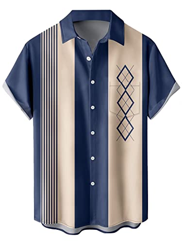 wihnsinop Herren gestreifte Mode Hemden Button Down Kurzarm Vintage Hawaii Bowling Shirt Casual Camp Beach Tops, 05 Muster Blau Aprikose Geometrisch, XXL von wihnsinop