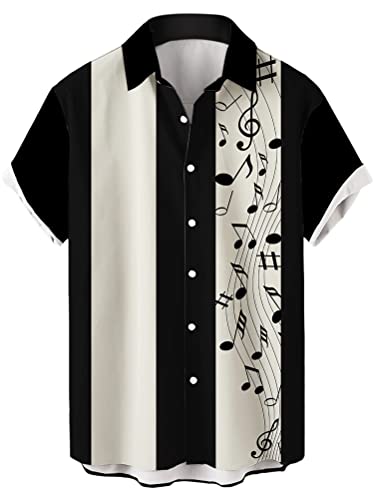 wihnsinop Herren Gestreifte Mode Shirts Button Down Kurzarm Vintage Hawaii Bowling Shirt Casual Camp Strand Tops, 05 Muster Schwarz Musical, L von wihnsinop