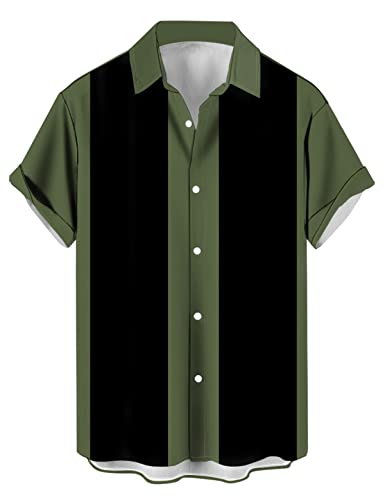 wihnsinop Herren Klassische Kurzarm Hemd, Zweifarbig Gestreiftes Bowlinghemden Knopfverschluss Hawaiihemd Sommerhemd, Zweifarbig Grün Schwarz, 3XL, TTbt1074242 von wihnsinop