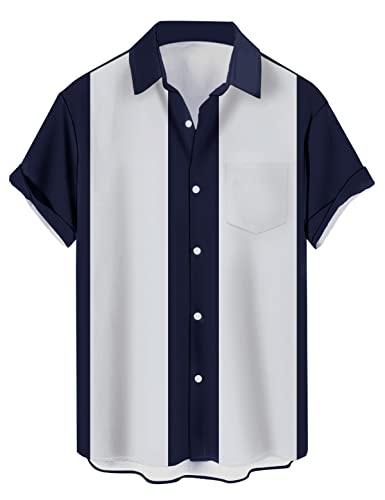 wihnsinop Herren Klassische Kurzarm Hemd, Zweifarbig Gestreiftes Bowlinghemden Knopfverschluss Hawaiihemd Sommerhemd, Zweifarbig Marineblau Hellgrau, XL, TTbt1074242 von wihnsinop