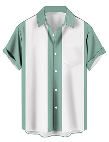 wihnsinop Herren Klassische Kurzarm Hemd, Zweifarbig Gestreiftes Bowlinghemden Knopfverschluss Hawaiihemd Sommerhemd, Zweifarbig Mint Weiß, XXL, (TTbt1074242) von wihnsinop