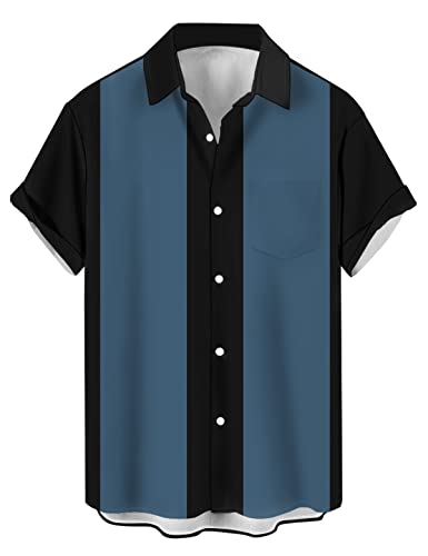 wihnsinop Herren Klassische Kurzarm Hemd, Zweifarbig Gestreiftes Bowlinghemden Knopfverschluss Hawaiihemd Sommerhemd von wihnsinop