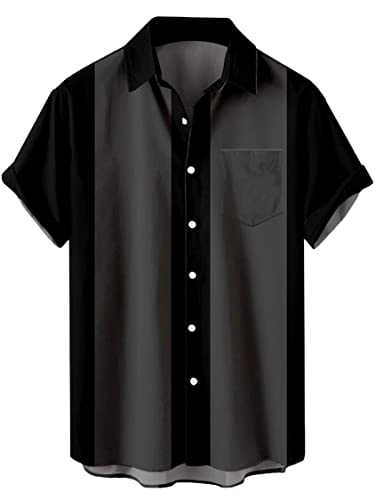 wihnsinop Herren Klassische Kurzarm Hemd, Zweifarbig Gestreiftes Bowlinghemden Knopfverschluss Hawaiihemd Sommerhemd, Zweifarbig Schwarz Dunkelgrau, 3XL, TTbt1074242 von wihnsinop