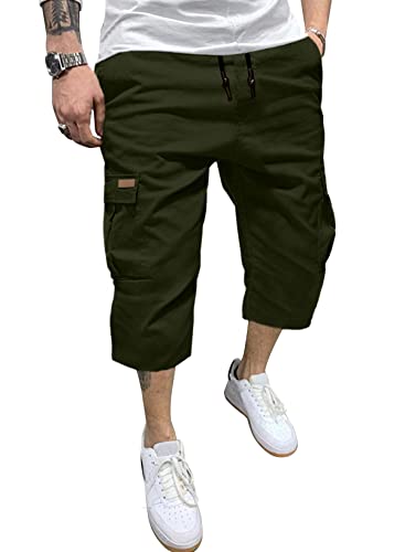 wihnsinop Kurze Hosen Herren 3/4 Cargo Shorts Baumwolle Kurze Hose Männer Bermuda Kordelzug Chino Herren Kurze Hose Slim-Fit Sport Shorts - 6 Taschen Grün 32 von wihnsinop