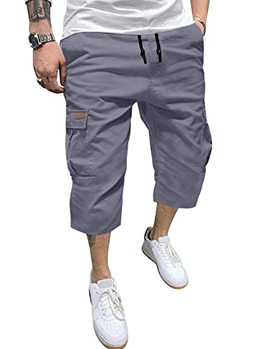 wihnsinop Kurze Hosen Herren 3/4 Cargo Shorts Herren Sport Bermuda Shorts Sommer Casual Chino Bermuda Sporthose Freizeithose Kurze Baumwolle Slim-Fit Elastische Taille mit Kordelzug Multasche Grau-40 von wihnsinop