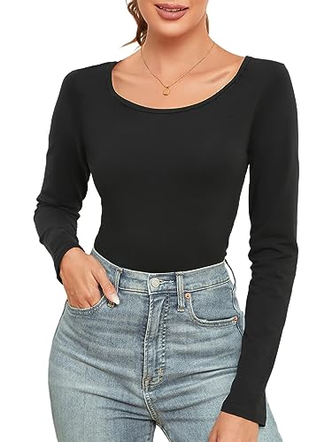 wihnsinop Langarmshirt Damen Longshirt Basic Oberteile Langarm U Ausschnitt Shirts Casual Slim Fit Top Longsleeve T-Shirt Tunika Schwarz XL von wihnsinop