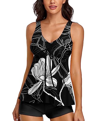 wihnsinop Tankini Badeanzug Damen Push Up Top Oberteil Bauchweg Bademode Set Damen Freizeit Tankini Badeanzug Zweiteiler Sommer Elegant Badeanzüge für Damen Tankini mit Badeshorts Schwarze Blume XXL von wihnsinop