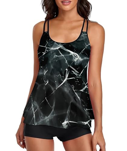 wihnsinop Tankini Damen Badeanzug Bauchweg Bademode Oberteil Set Damen Freizeit Tankini Badeanzug Zweiteiler Tankini Set Sommer Elegant Badeanzüge für Damen Tankini mit Badeshorts Graues Glas Print M von wihnsinop