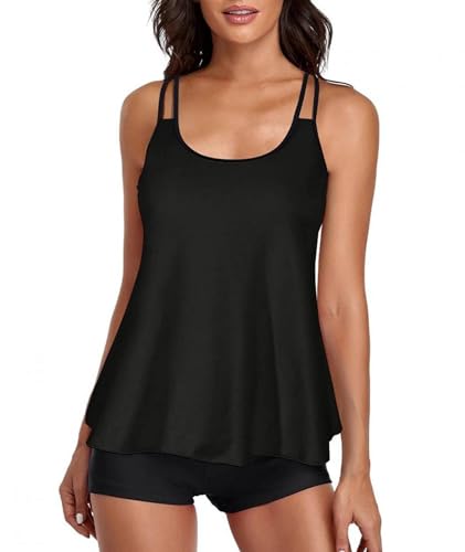 wihnsinop Tankini Damen Badeanzug Bauchweg Bademode Oberteil Set Damen Freizeit Tankini Badeanzug Zweiteiler Tankini Set Sommer Elegant Badeanzüge für Damen Tankini mit Badeshorts Schwarz L von wihnsinop