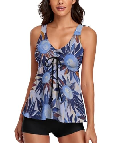 wihnsinop Tankini Damen Badeanzug Push Up Oberteil Bauchweg Bademode Oberteil Set Freizeit Tankini Badeanzug Zweiteiler Sommer Elegant Badeanzüge mit Badeshorts Blau Lila Sonnenblume Ölgemälde XXL von wihnsinop