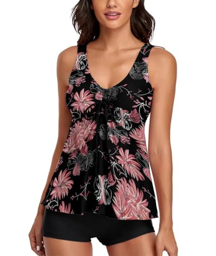 wihnsinop Tankini Damen Badeanzug Push Up Top Oberteil Bauchweg Bademode Oberteil Set Damen Freizeit Tankini Badeanzug Zweiteiler Sommer Elegant Badeanzüge mit Badeshorts Set Rosa Blumen L von wihnsinop