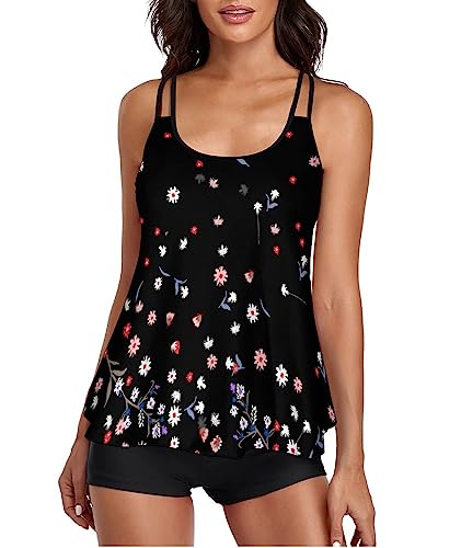 wihnsinop Tankini Damen Bauchweg Badeanzug Bademode Oberteil Set Damen Freizeit Tankini Badeanzug Zweiteiler Tankini Set Sommer Elegant Badeanzüge für Damen Tankini mit Badeshorts Floral Schwarz XXL von wihnsinop