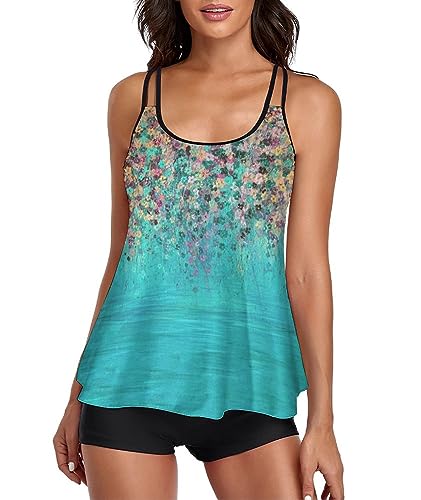 wihnsinop Tankini Damen Bauchweg Badeanzug Bademode Oberteil Set Damen Freizeit Tankini Badeanzug Zweiteiler Tankini Set Sommer Elegant Badeanzüge für Damen Tankini mit Badeshorts See und Blume L von wihnsinop