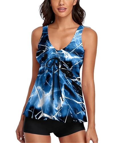 wihnsinop Tankini Damen Bauchweg Badeanzug Push Up Oberteil mit Badeshorts Bademode Set Zweiteiler Sommer Drucken Badeanzüge für Damen Strand Ferien Freizeit von wihnsinop