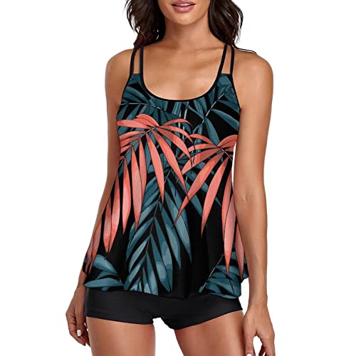 wihnsinop Tankini Damen Bauchweg Bademode Badeanzug Oberteil Set Damen Freizeit Tankinis Badeanzug Zweiteiler Tankini Set Sommer Elegant Badeanzüge für Damen Tankini mit Badeshorts Blaue Blätter XXL von wihnsinop