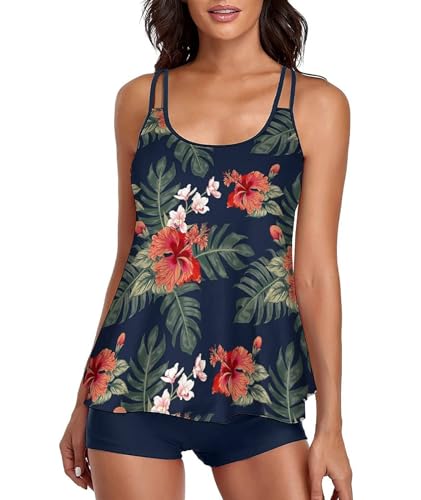 wihnsinop Tankini Damen Bauchweg Bademode Set Damen Freizeit Tankini Badeanzug Zweiteiler Tankini Set Sommer Elegant Badeanzüge für Damen Tankini Oberteil mit Badeshorts Navy L von wihnsinop