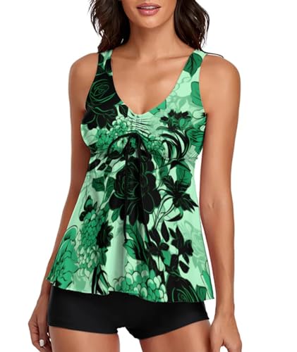 wihnsinop Tankini Damen Bauchweg Push Up Badeanzug Oberteil Bademode Oberteil Set Damen Freizeit Tankini Badeanzug Zweiteiler Sommer für Damen Tankini mit Badeshorts Set Grüne Blüten L von wihnsinop