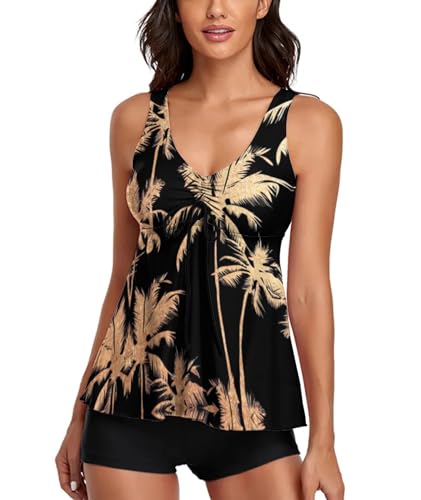 wihnsinop Tankini Damen Bauchweg Push Up Badeanzug Oberteil Bademode Oberteil Set Damen Freizeit Tankini Badeanzug Zweiteiler Sommer für Damen Tankini mit Badeshorts Set Khaki-Palme L von wihnsinop