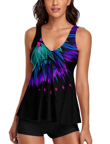 wihnsinop Tankini Damen Bauchweg Push Up Badeanzug Top Oberteil Bademode Oberteil Set Damen Freizeit Tankini Badeanzug Zweiteiler Sommer für Damen Tankini mit Badeshorts Set Schwarz Lila L von wihnsinop