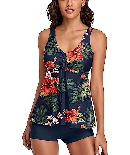 wihnsinop Tankini Damen Bauchweg Push Up Oberteil mit Badeshorts Bademode Set Badeanzug Zweiteiler Sommer Drucken Badeanzüge für Damen Strand Ferien Freizeit Navy L von wihnsinop