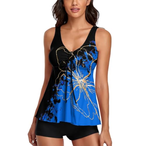 wihnsinop Tankini Damen Bauchweg Push Up Top Oberteil Badeanzug Bademode Damen Freizeit Zweiteiler Sommer für Damen Tankini mit Badeshorts Set Blau Schwarz L von wihnsinop