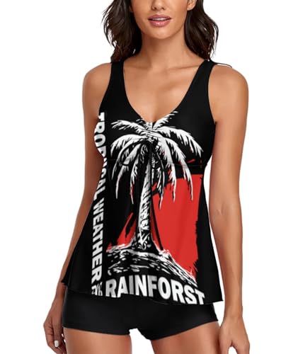 wihnsinop Tankini Damen Bauchweg Sommer Badeanzug Push Up Bademode Set mit Oberteile und Badeshorts Badeanzüge Zweiteiler Weiße Kokospalmen XXL von wihnsinop