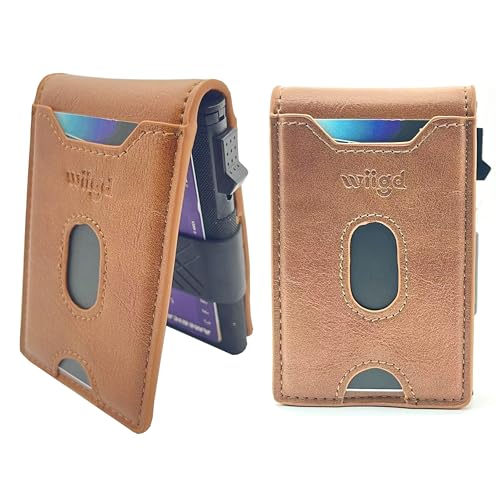 wiigd Schlanke, faltbare Herren-Geldbörse mit Pop-Up-Kartenhalter, RFID-blockierend, minimalistisches Aluminiumgehäuse, Ausweisfenster, Münzfach, Vordertasche mit Geschenkbox (braun), Braun von wiigd