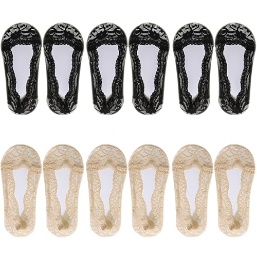 wilcractk Füßlinge Spitzen Ballerina Socken Damen 6 Paar Unsichtbare Socken 34 39 Rutschfest Kurzsocken Mit Silikon Ferse Schwarz Beige Für Slipper Alltag Sommer von wilcractk