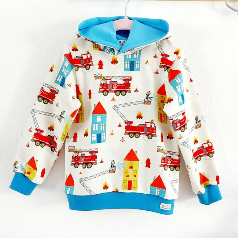 Hoodie Für Kinder- Sweatshirt - Feuerwehr Kapuzenpullover Einzelstück Gr. 98 Wilde Bande Handmade von wildebande