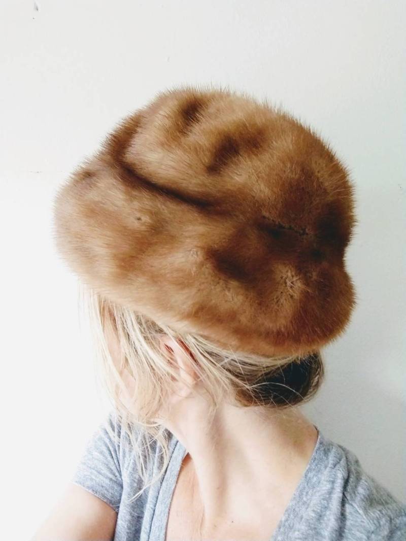 Nerz Pillbox Hut Gold Braun Gefüttert 50Er 60Er Jackie O Glam Old Hollywood Rockabilly Warm Geschmeidig Weich von wildlilymercantile