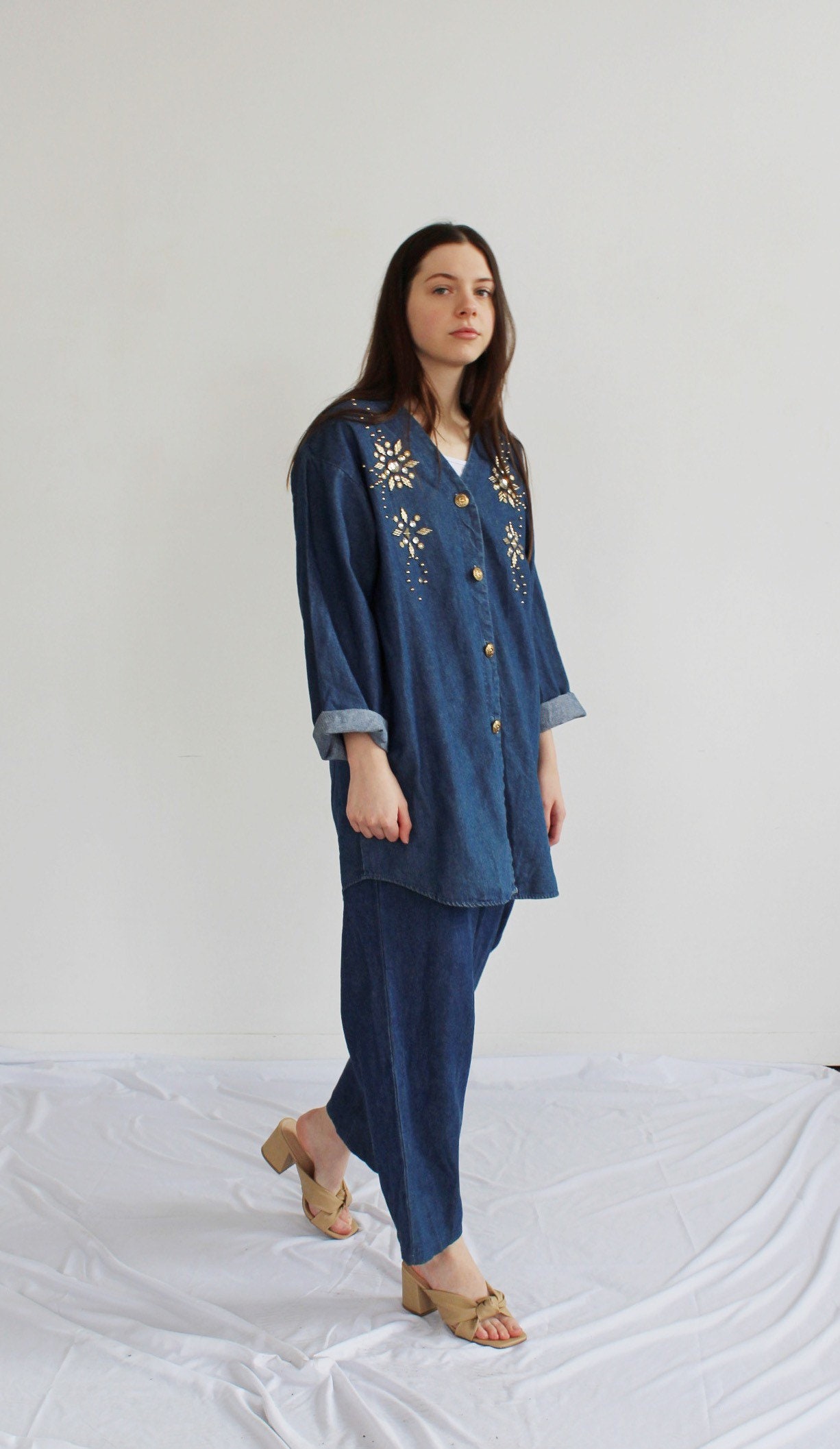 90Er Chambray Denim Outfit Strass Zweiteiler Set, M/L von wildthingvintage