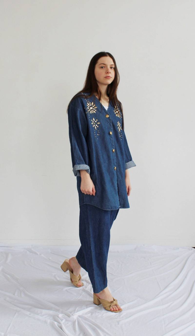 90Er Chambray Denim Outfit Strass Zweiteiler Set, M/L von wildthingvintage