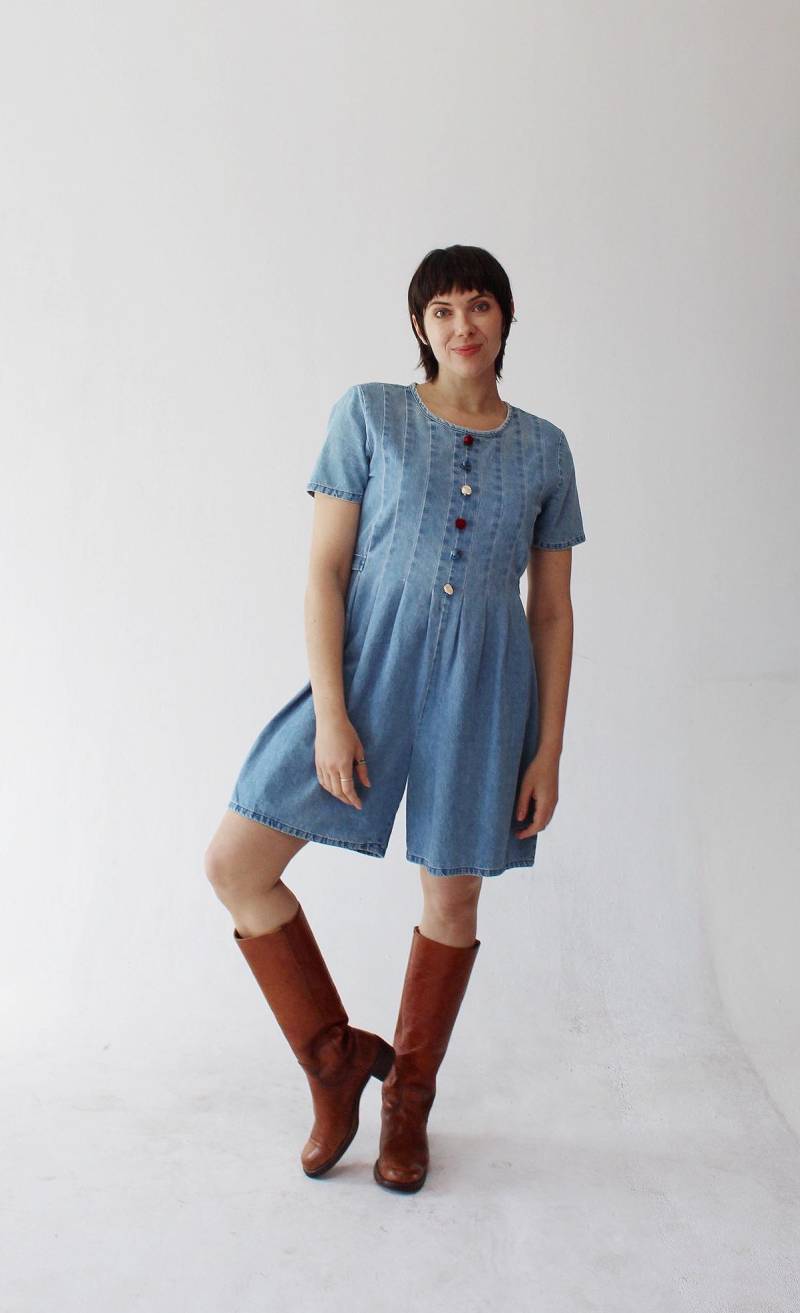 90Er Jahre Denim Romper - Vintage Strampelanzug Jorts Blume Medium Large O von wildthingvintage