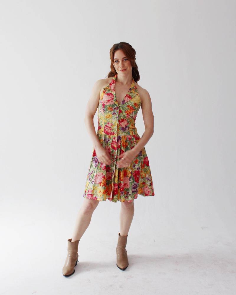 90Er Jahre Neckholder-Blümchen Blumenkleid, Gartenkleid, Midi-Minikleid, Small Medium Paris Blues von wildthingvintage