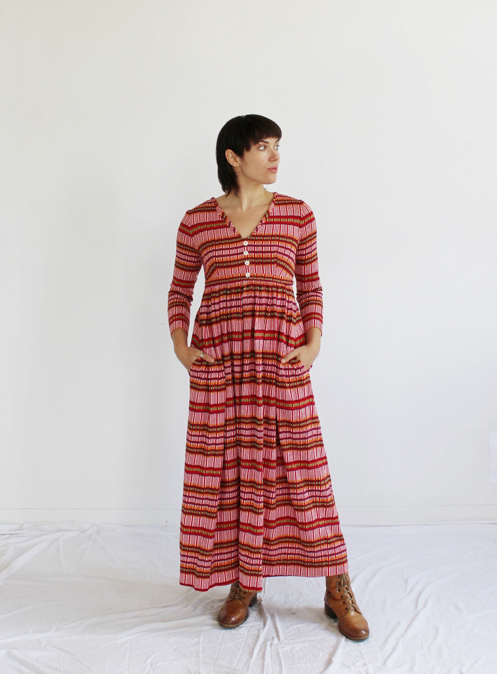 Boho Rotes Streifen Maxi Kleid - 70Er Jahre Hippie Empire - Taille Göttin L von wildthingvintage