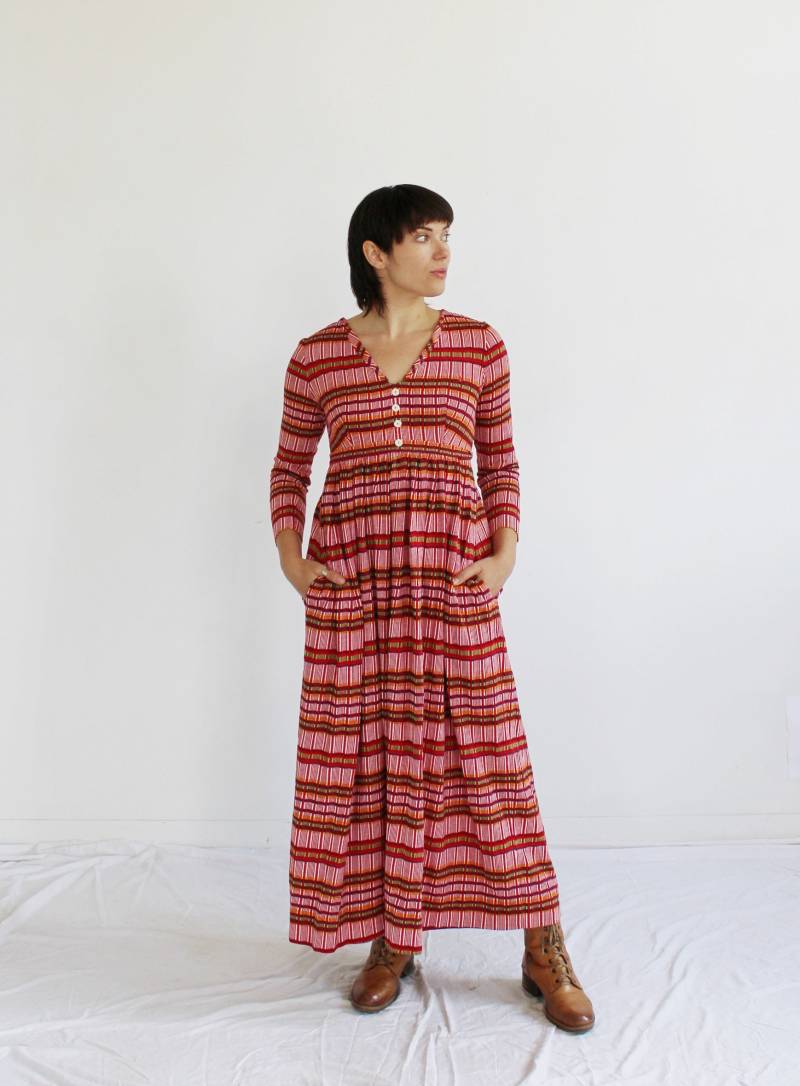 Boho Rotes Streifen Maxi Kleid - 70Er Jahre Hippie Empire - Taille Göttin L von wildthingvintage