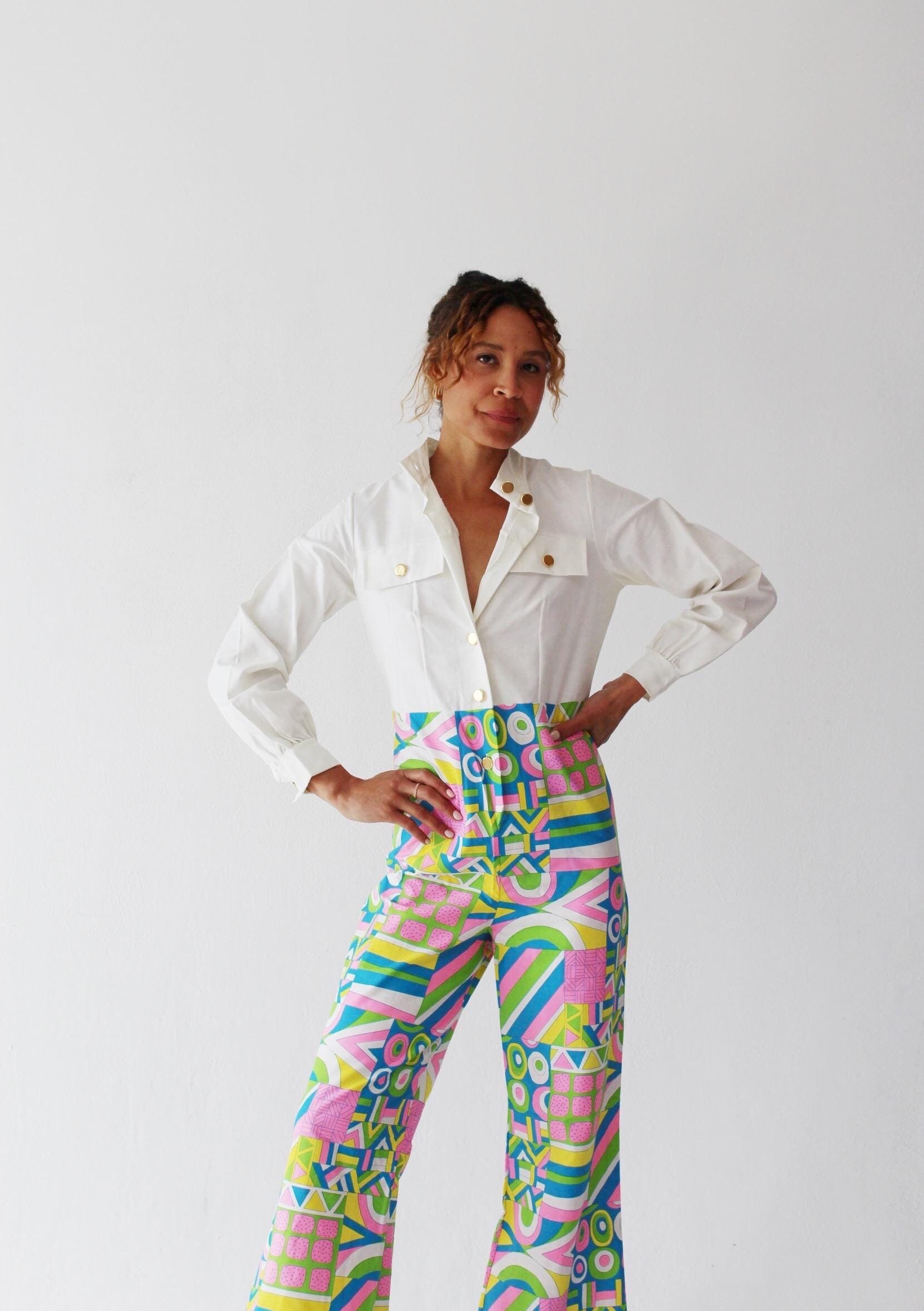 Groovy Pastel Jumpsuit - Vintage 1960Er Jahre Strampler Psychedelic Bell Bottom Flare Small Medium Retro O von wildthingvintage