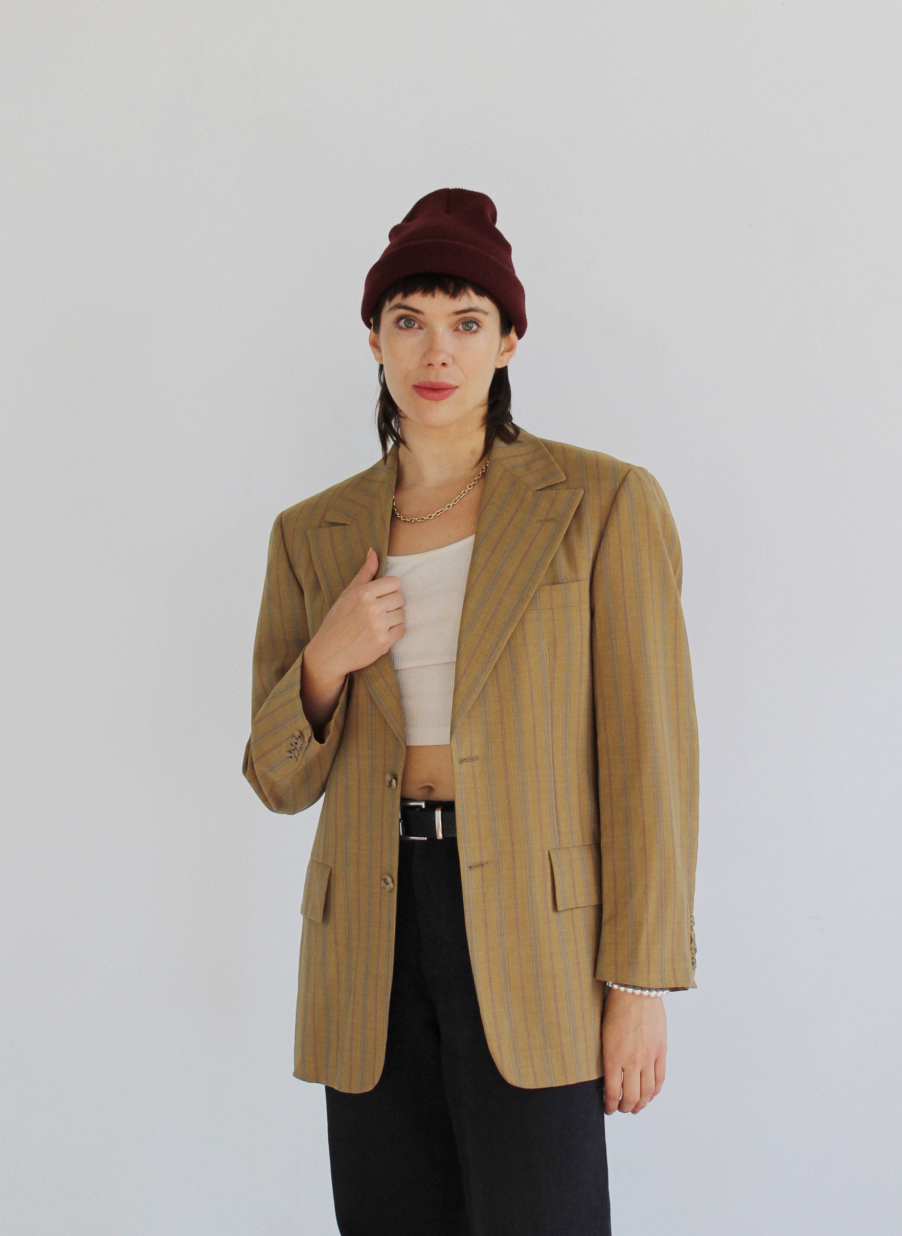 Taupe Pinstripe Blazer - 70Er Jahre Oversized Boxy Jacket, Blau & Rot Gestreift J von wildthingvintage