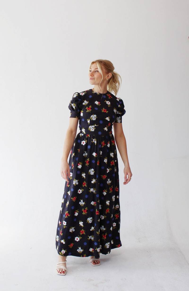 Vintage Flower Power Dress - Süßes 1960Er Jahre Daisy Maxi Kleid Mit Flügelärmeln in Marineblau P von wildthingvintage