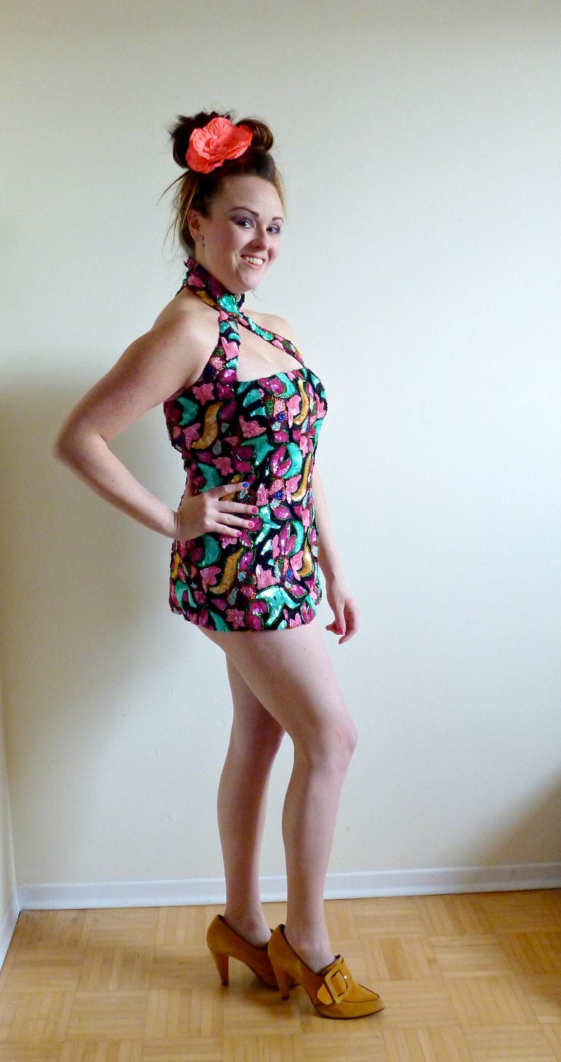 Vtg Burlesque Pailletten-Kleid - 6/8, Outrageous, Sanduhr, Bombe, Retro, Freches Pailletten-Kostüm Q von wildthingvintage