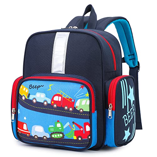 willikiva 12 Zoll Kinderrucksack Jungen Kleinkind Auto Bus Schultaschen Vorschule 3-4-5 Wasserdicht mit Brustgurt(Tiefblaues Auto) von willikiva