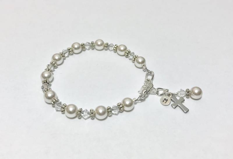 Erstkommunion Armband Mit Kreuz Enthält Sterling Silber Personalisierte Initial Charm von willowandbee