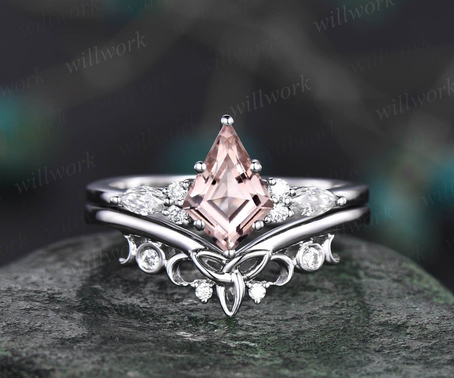 1Ct Rosa Morganit Ring Vintage Kite Cut Verlobungsring Set Weiß Gold Art Deco Diamant Unikat Jahrestag Frauen von willwork