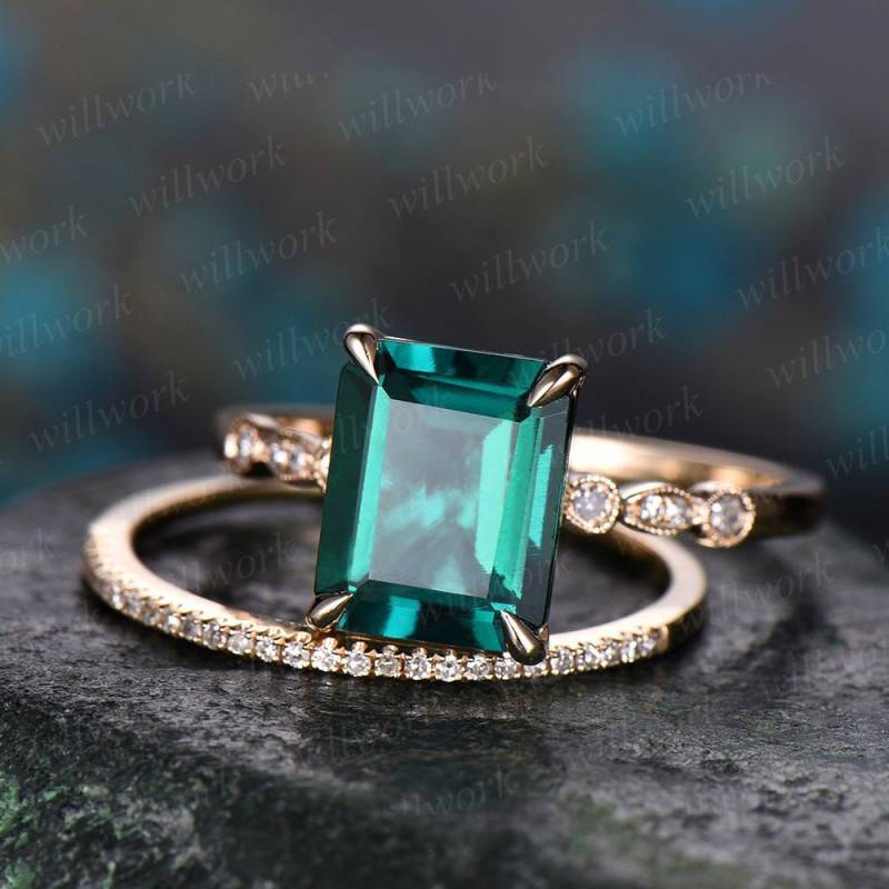 2 Stück Smaragd Verlobungsring Set 14K Gelbgold Echter Diamant Ring 8 X 10 Mm Smaragdring Goldstapeln Passend Hochzeit Braut Versprechen Ringset von willwork