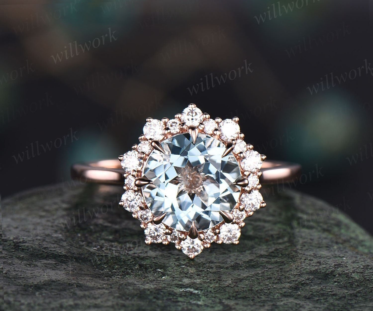 2Ct Runder Aquamarin Ring Vintage Verlobungsring 14K Rosegold Heiligenschein Schneewehe Moissanite Unikat Hochzeit Jahrestag Frauen von willwork