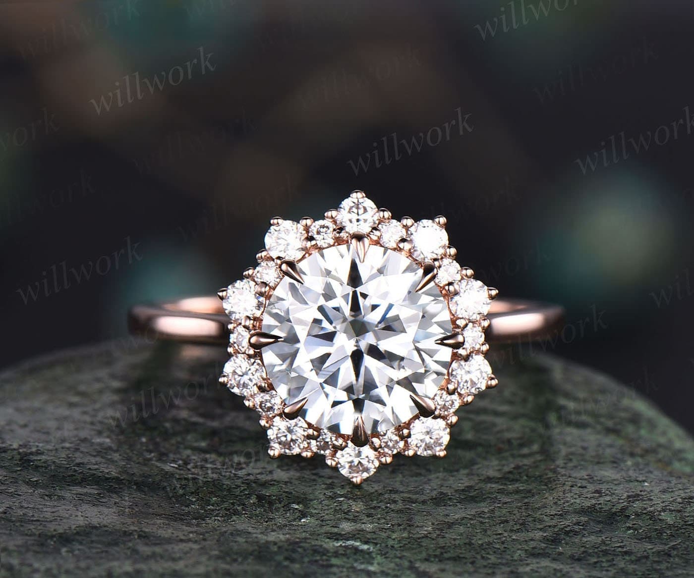 2Ct Runder Moissanit Verlobungsring Roségold Vintage Einzigartiger Schneeduft Halo Diamant Versprechen Braut Ehering Für Frauen von willwork